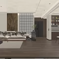 Living and Dining Room Interior With Beige Sofa Wooden Flooring Glass Partition And Open Kitchen