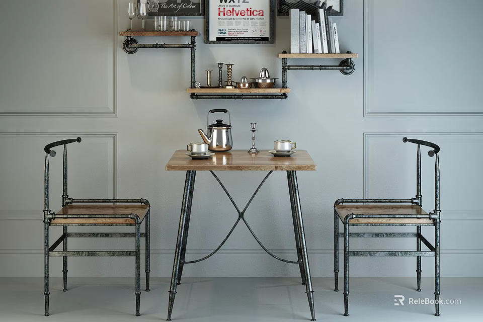 Industrial Dining Table Set With Wooden Top Metal Frame Chairs And Wall Shelves With Books 3d model 