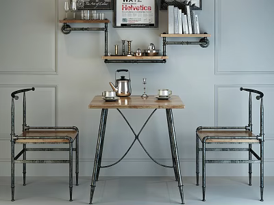 Industrial Dining Table Set With Wooden Top Metal Frame Chairs And Wall Shelves With Books 3d model
