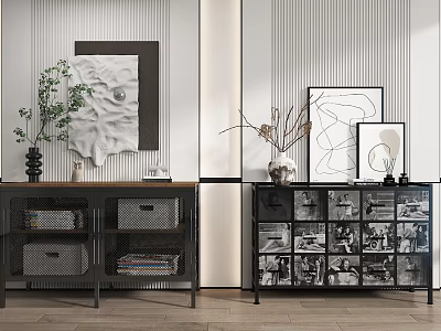 Modern Entryway Cabinet And Side Cabinet With Metal Frame Decorative Vases And Artwork Display Storage 3d model