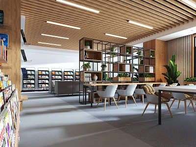 Book Art Themed Modern Bookstore Interior With Wooden Ceiling Bookshelves Green Plants And Reading Tables 3d model
