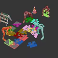 Silhouette Figures Assembling Jigsaw Puzzle Pieces With Traffic Cone And Barricade