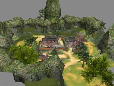 Ancient Architecture Surrounded by Rocky Mountains Green Trees and Courtyard 3d model