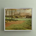 Tranquil Landscape Painting With Green Meadow Tall Trees Sheep Grazing And Country Path