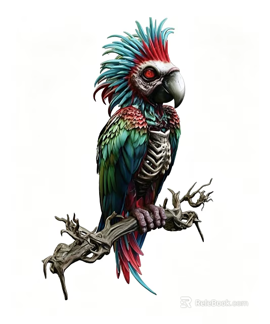 Detailed Colorful Skeleton Parrot Decorative Ornament Set On Twisted Branch 3d model 