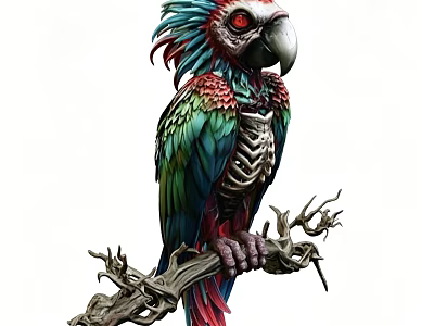 Detailed Colorful Skeleton Parrot Decorative Ornament Set On Twisted Branch 3d model