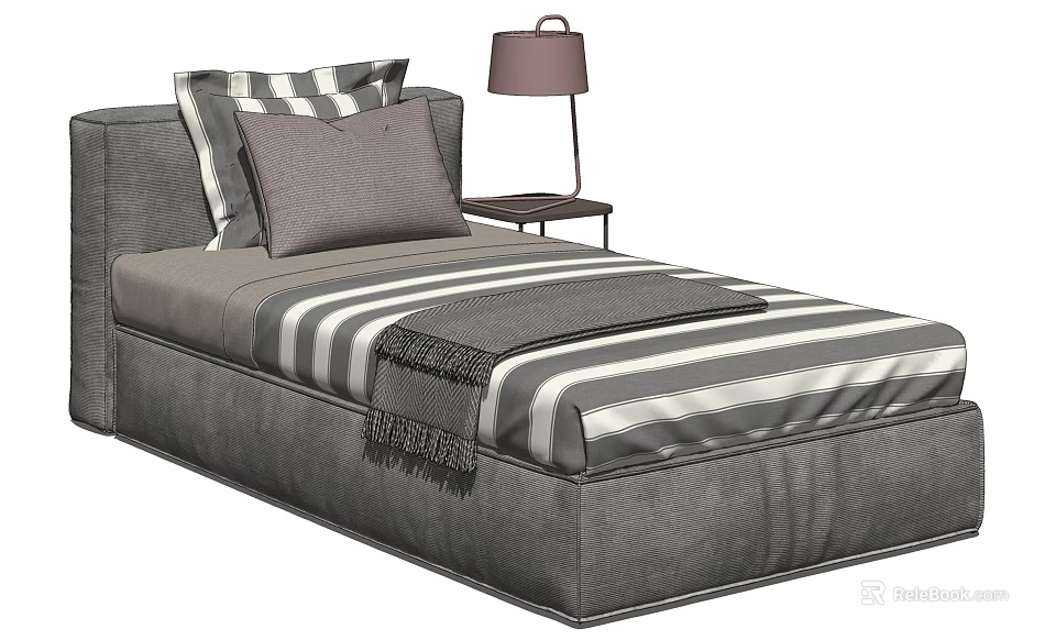 Modern Single Bed Design With Gray Pillows Striped Bedspread And Side Table Lamp 3d model