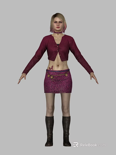 Woman Wearing Maroon Cropped Cardigan Purple Leopard Print Skirt With Butterfly Tattoo And Black Boots 3d model 