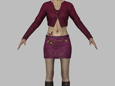 Woman Wearing Maroon Cropped Cardigan Purple Leopard Print Skirt With Butterfly Tattoo And Black Boots 3d model