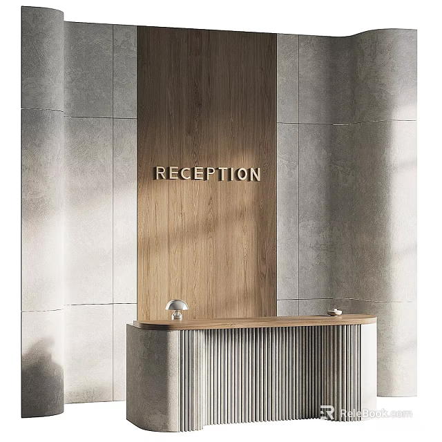 Modern Stylish Reception Counter With Natural Wood Panel And Textured Concrete Tile Wall Design 3d model 