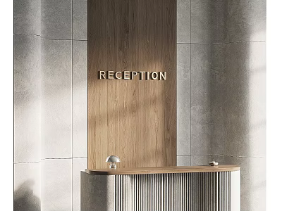 Modern Stylish Reception Counter With Natural Wood Panel And Textured Concrete Tile Wall Design 3d model