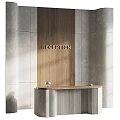 Modern Stylish Reception Counter With Natural Wood Panel And Textured Concrete Tile Wall Design