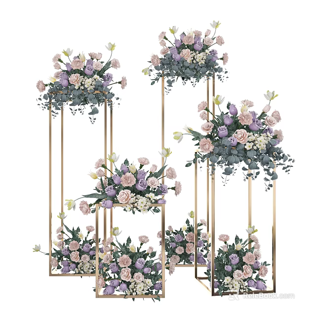 Garden Ornamental Flower Arrangements With Pink Purple Blooms And Metal Stands 3d model 