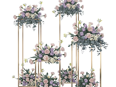 Garden Ornamental Flower Arrangements With Pink Purple Blooms And Metal Stands 3d model