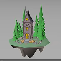 Fairy Tale Small House On Floating Island With Pointed Roof Green Pines And Decorative Steps