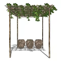 Outdoor Pergola Covered With Lush Green Vines And Decorative Clay Pots