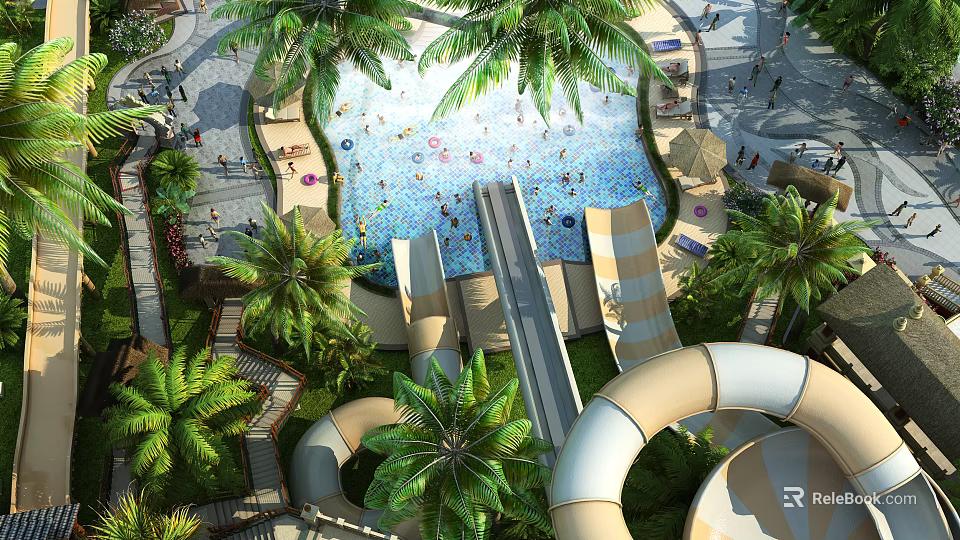 Playground Water Park With Swimming Pool Water Slides And Lush Palm Trees 3d model 