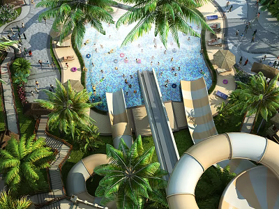 Playground Water Park With Swimming Pool Water Slides And Lush Palm Trees 3d model