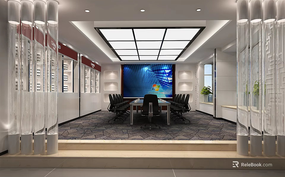 Modern Conference Room Interior With Large Screen Black Chairs Glass Partitions And Ceiling Lights 3d model 