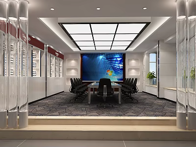 Modern Conference Room Interior With Large Screen Black Chairs Glass Partitions And Ceiling Lights 3d model