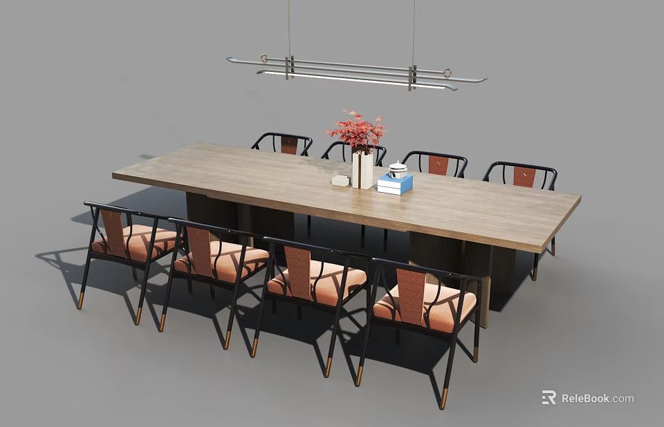 Modern Dining Table Set With Wooden Top Black Metal Chairs And Pink Flower Vase 3d model 