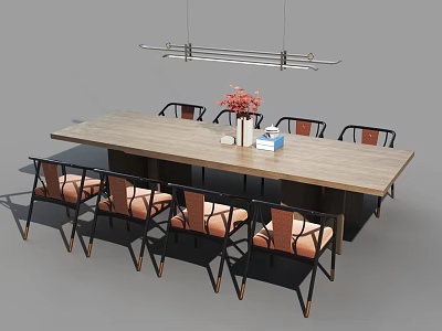 Modern Dining Table Set With Wooden Top Black Metal Chairs And Pink Flower Vase 3d model