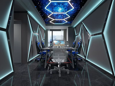 Modern Internet Cafe with Starry Hexagonal Ceiling Geometric Walls Blue Gaming Chairs and Lighting Effects 3d model