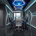 Modern Internet Cafe with Starry Hexagonal Ceiling Geometric Walls Blue Gaming Chairs and Lighting Effects