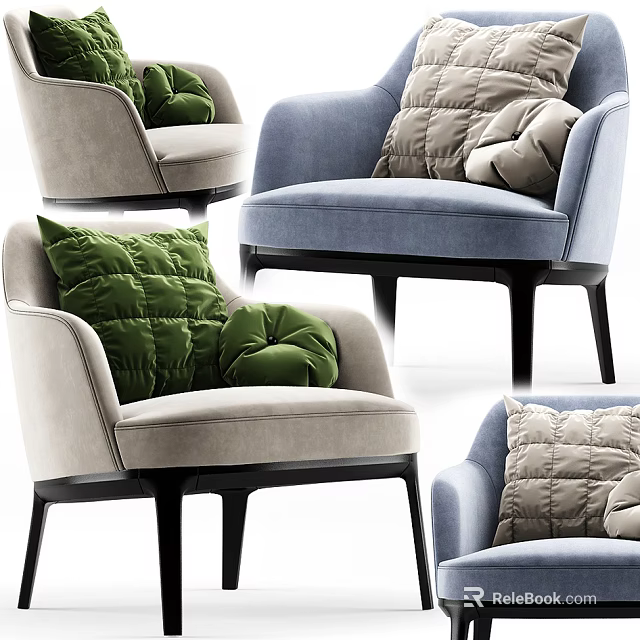 Modern Single Sofa Designs With Plush Green Gray Pillows And Black Legs 3d model 