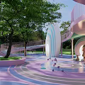 Vibrant Kids Play Area With Slide Circular Ground Letters Trees And Families Playing Together