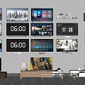 Multiple TV Screens Displaying Landscape Time Smart Interface Ads On Wall And Stands 3d model