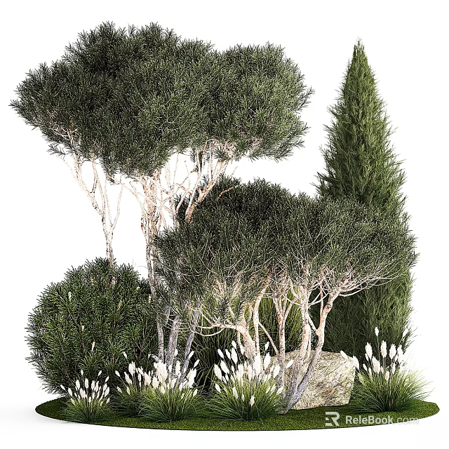 Charming Garden Decorative Plant Arrangement With Rounded Shrubs Conical Tree White Flowers And Stones 3d model 