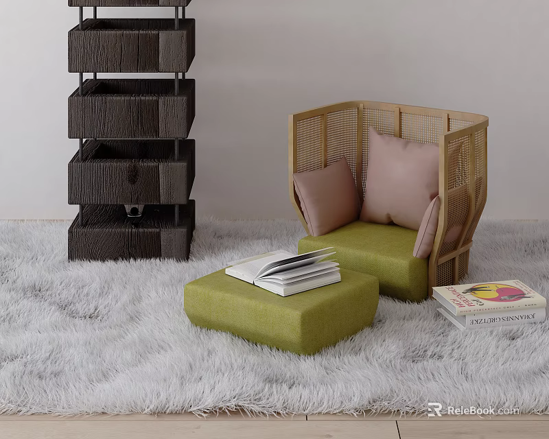 Green Wicker Accent Chair With Pink Pillows Ottoman And Books On Soft Rug 3d model 