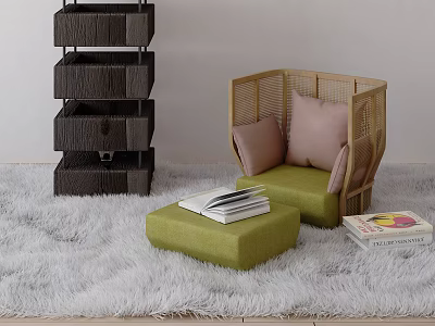 Green Wicker Accent Chair With Pink Pillows Ottoman And Books On Soft Rug 3d model
