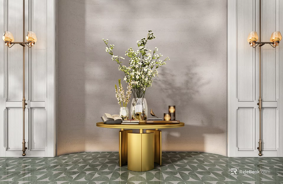 Elegant Decorative Ornament Set Including Vase White Flowers Green Foliage Candles On Golden Round Table 3d model 