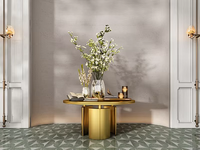 Elegant Decorative Ornament Set Including Vase White Flowers Green Foliage Candles On Golden Round Table 3d model
