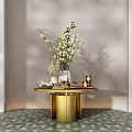 Elegant Decorative Ornament Set Including Vase White Flowers Green Foliage Candles On Golden Round Table