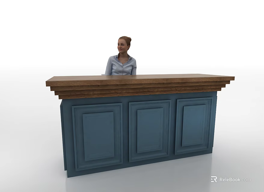 Stylish Reception Desk With Wooden Countertop Blue Cabinets And Receptionist Standing Behind 3d model 