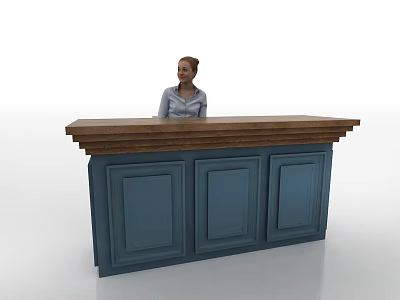 Stylish Reception Desk With Wooden Countertop Blue Cabinets And Receptionist Standing Behind 3d model
