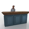 Stylish Reception Desk With Wooden Countertop Blue Cabinets And Receptionist Standing Behind