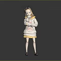 Cartoon Character With Small Black Horns Hugging White Kitten In Yellow Trimmed Hoodie
