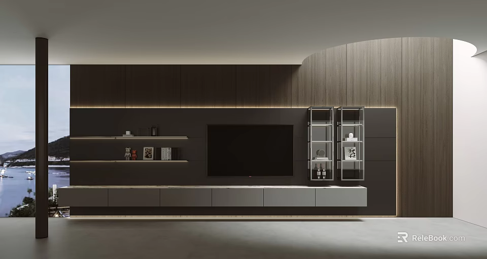 Modern TV Stand Design With Wooden Wall Storage Shelves And Drawers In Living Room 3d model 