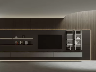 Modern TV Stand Design With Wooden Wall Storage Shelves And Drawers In Living Room 3d model