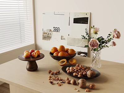 Indoor Fresh Fruits Display With Peaches And Oranges On Table 3d model
