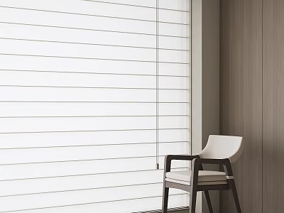 White Horizontal Blinds in Modern Interior with Wooden Wall and White Chair 3d model