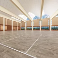 Spacious Indoor Sports Hall With Bright Interior Wooden Floor And Arch Skylights For Fitness
