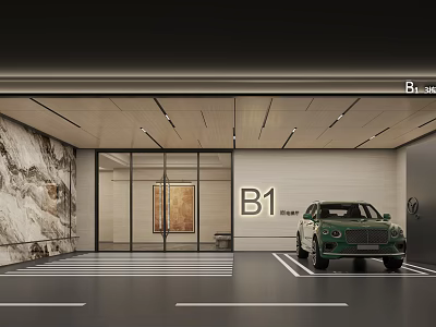 Modern Elevator Lobby Featuring B1 Sign Green Car Marble Wall Glass Doors And Linear Lights 3d model