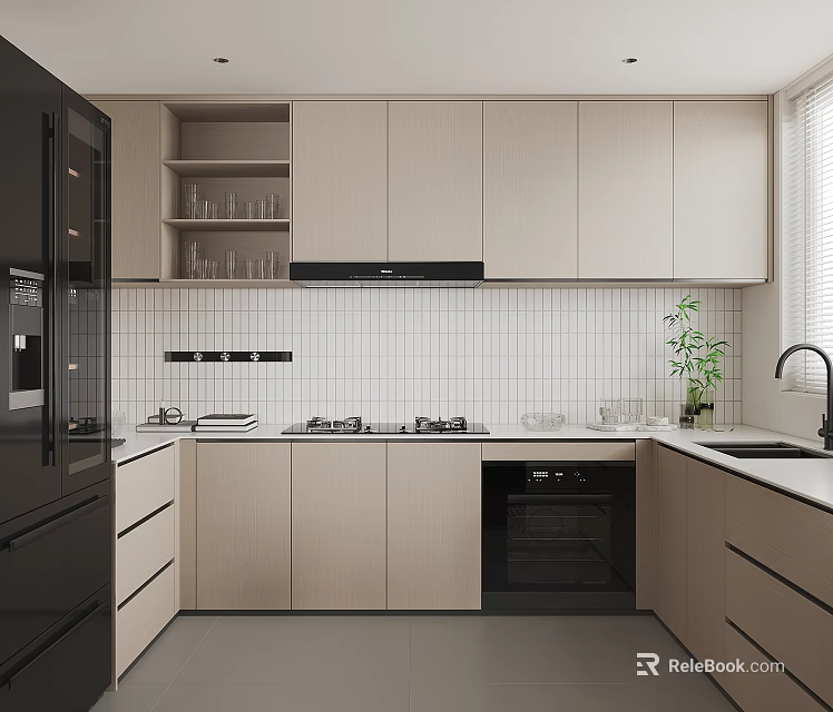 Modern Kitchen Interior With Light Wood Cabinets Black Appliances And White Tiled Backsplash 3d model 