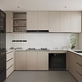 Modern Kitchen Interior With Light Wood Cabinets Black Appliances And White Tiled Backsplash
