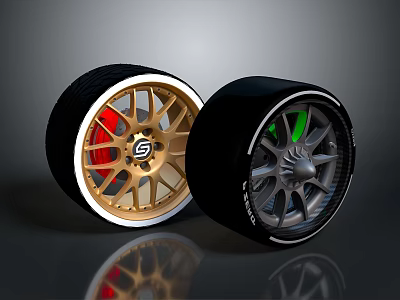 Motorcycle Wheels With Gold Black Alloy Rims And Red Green LED Lights 3d model